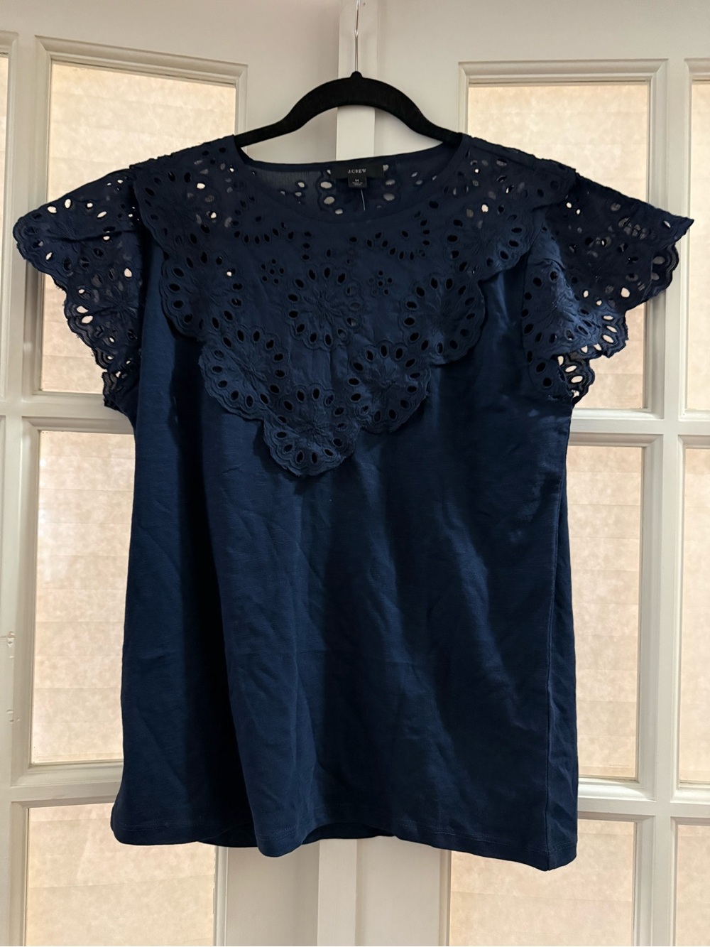 J. Crew Navy Eyelet Scalloped Yoke Flutter Sleeve Top